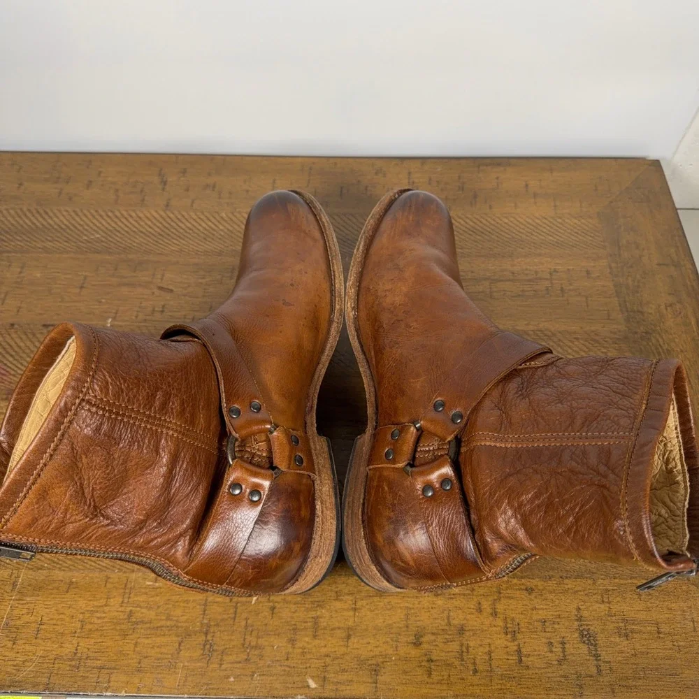Frye Boots Men 11.5 D Brown Cognac Phillip Harness Zip Leather Biker Moto Cowboy